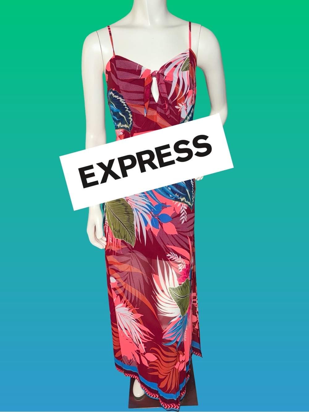 EXPRESS Tropical Leaf Floral Print Maxi Dress Tie Front Size S